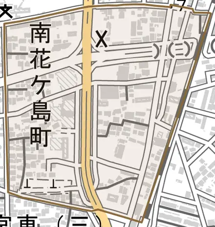 南花ケ島町とその周辺の地図。町の範囲を重ねている
