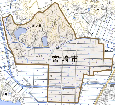 南方町とその周辺の地図。町の範囲を重ねている