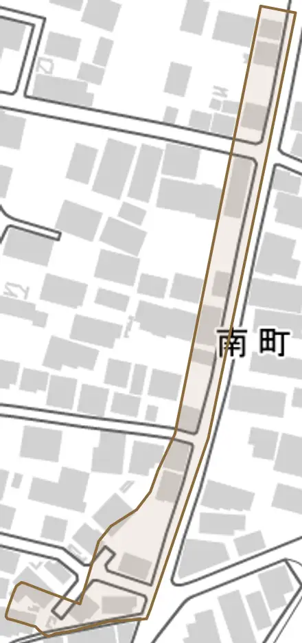 南町とその周辺の地図。町の範囲を重ねている