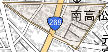 南高松町とその周辺の地図。町の範囲を重ねている