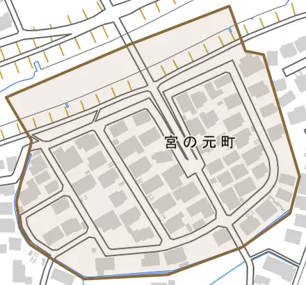 宮の元町とその周辺の地図。町の範囲を重ねている