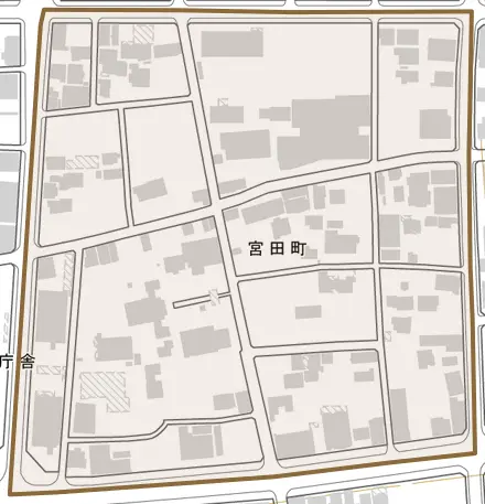 宮田町とその周辺の地図。町の範囲を重ねている
