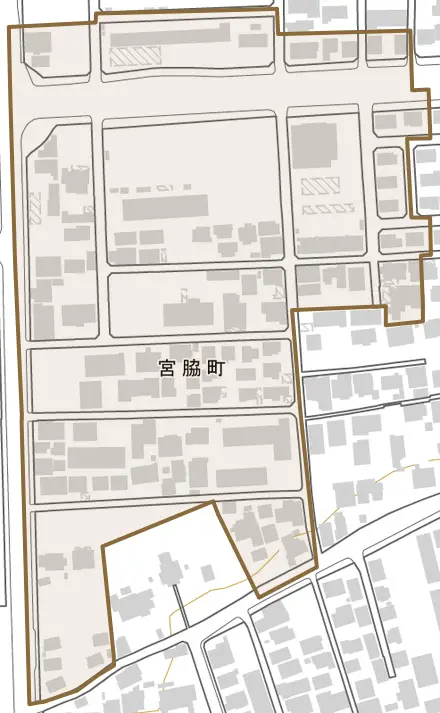 宮脇町とその周辺の地図。町の範囲を重ねている