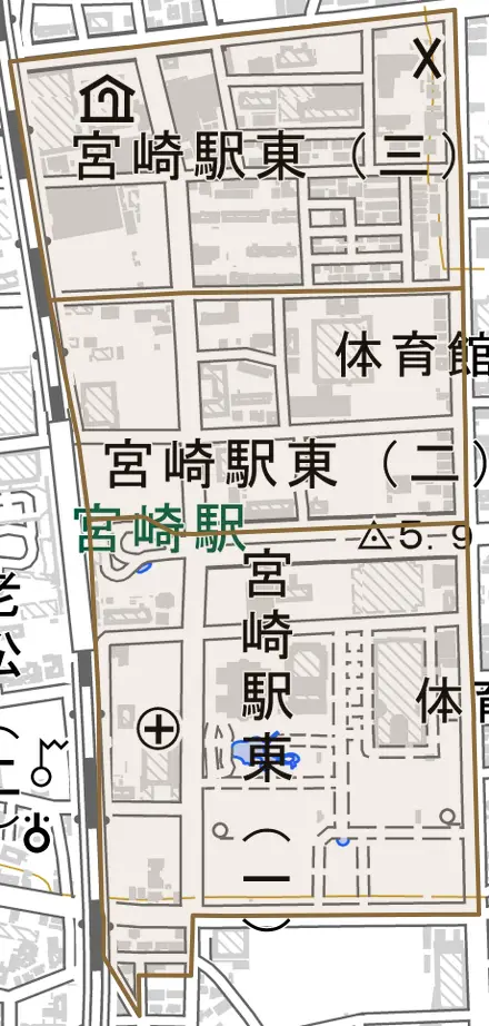 宮崎駅東とその周辺の地図。町の範囲を重ねている