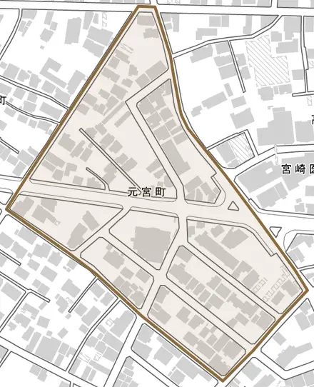 元宮町とその周辺の地図。町の範囲を重ねている