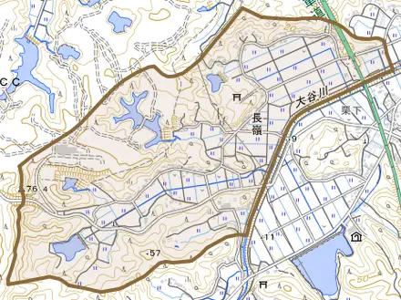 大字長嶺とその周辺の地図。町の範囲を重ねている