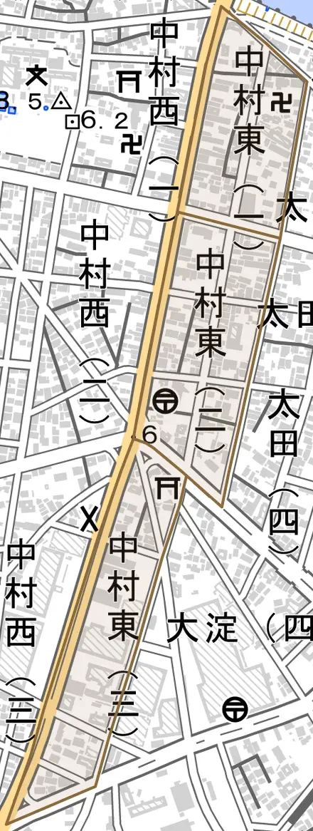 中村東とその周辺の地図。町の範囲を重ねている