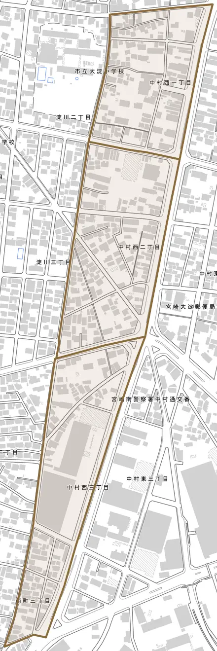 中村西とその周辺の地図。町の範囲を重ねている