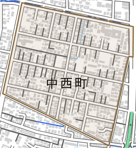 中西町とその周辺の地図。町の範囲を重ねている