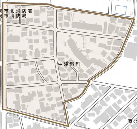 中津瀬町とその周辺の地図。町の範囲を重ねている
