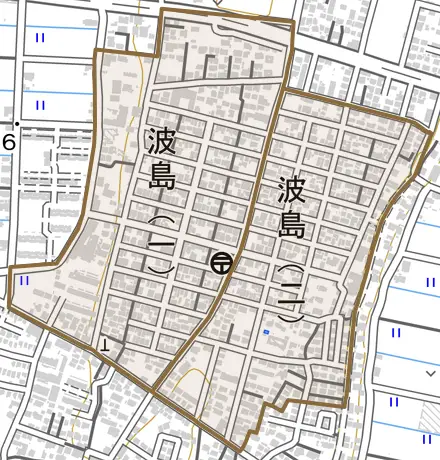 波島とその周辺の地図。町の範囲を重ねている