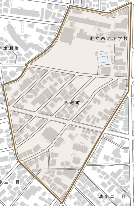 西池町とその周辺の地図。町の範囲を重ねている