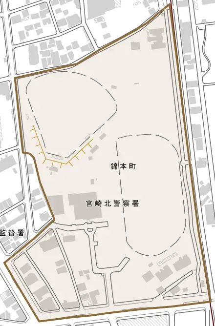 錦本町とその周辺の地図。町の範囲を重ねている