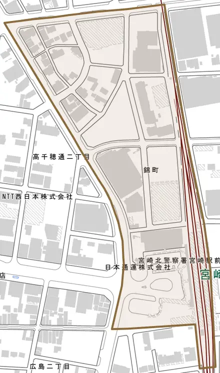 錦町とその周辺の地図。町の範囲を重ねている