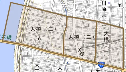 大橋とその周辺の地図。町の範囲を重ねている