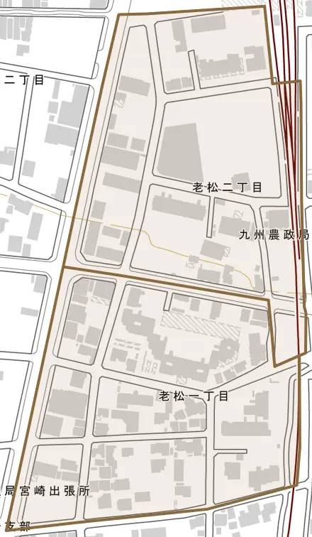 老松とその周辺の地図。町の範囲を重ねている