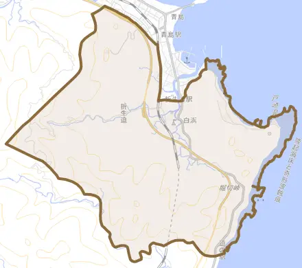 大字折生迫とその周辺の地図。町の範囲を重ねている