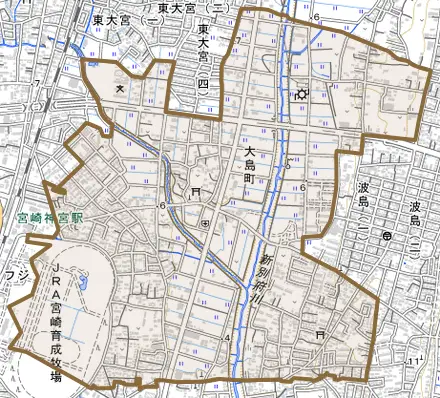 大島町とその周辺の地図。町の範囲を重ねている