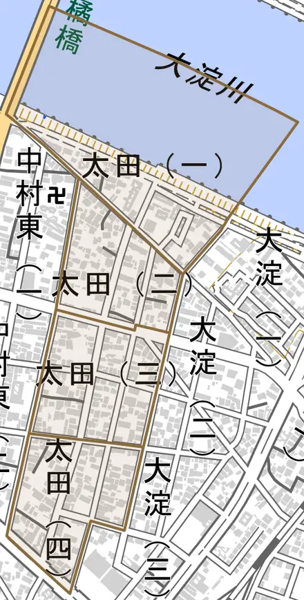 太田とその周辺の地図。町の範囲を重ねている