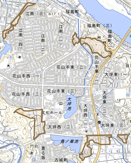 大坪町とその周辺の地図。町の範囲を重ねている