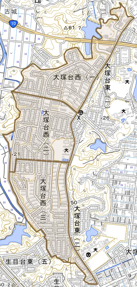 大塚台西とその周辺の地図。町の範囲を重ねている