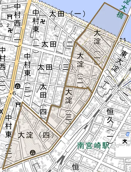 大淀とその周辺の地図。町の範囲を重ねている