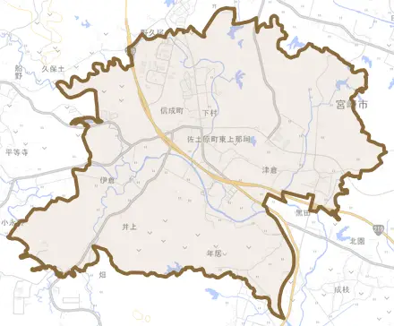 佐土原町東上那珂とその周辺の地図。町の範囲を重ねている