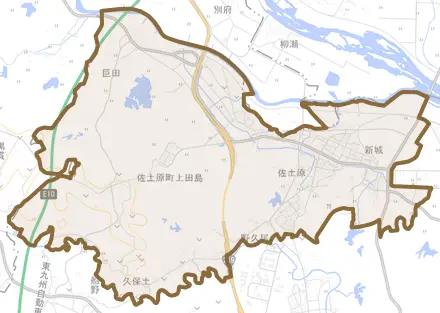 佐土原町上田島とその周辺の地図。町の範囲を重ねている
