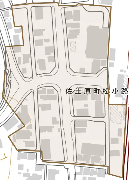 佐土原町松小路とその周辺の地図。町の範囲を重ねている