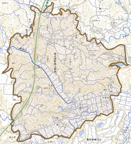 佐土原町西上那珂とその周辺の地図。町の範囲を重ねている