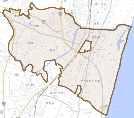 佐土原町下那珂とその周辺の地図。町の範囲を重ねている