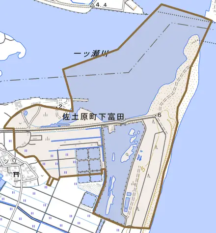 佐土原町下富田とその周辺の地図。町の範囲を重ねている