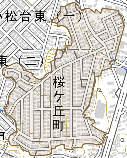 桜ケ丘町とその周辺の地図。町の範囲を重ねている
