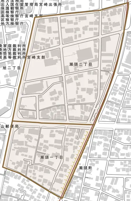 瀬頭とその周辺の地図。町の範囲を重ねている