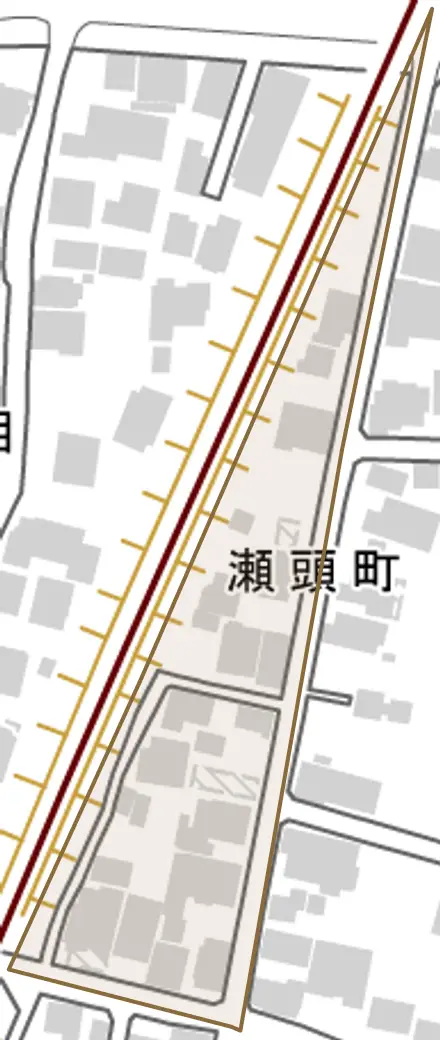 瀬頭町とその周辺の地図。町の範囲を重ねている