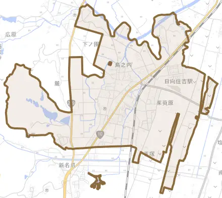 大字島之内とその周辺の地図。町の範囲を重ねている