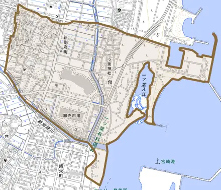 新別府町とその周辺の地図。町の範囲を重ねている