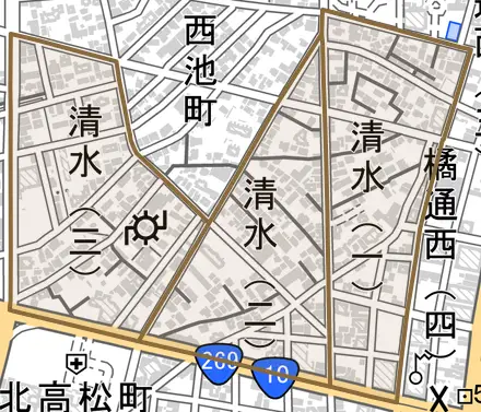 清水とその周辺の地図。町の範囲を重ねている
