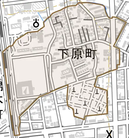 下原町とその周辺の地図。町の範囲を重ねている