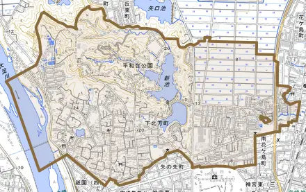 下北方町とその周辺の地図。町の範囲を重ねている