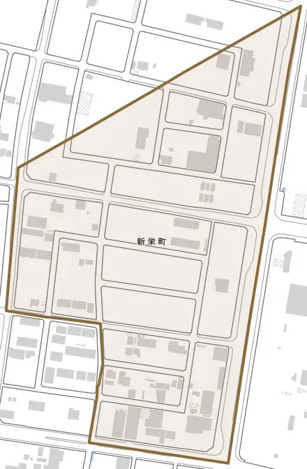 新栄町とその周辺の地図。町の範囲を重ねている