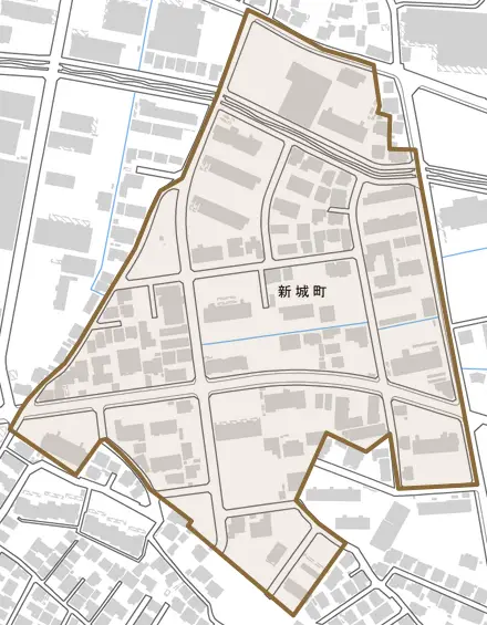 新城町とその周辺の地図。町の範囲を重ねている
