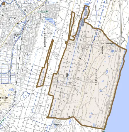 大字塩路とその周辺の地図。町の範囲を重ねている