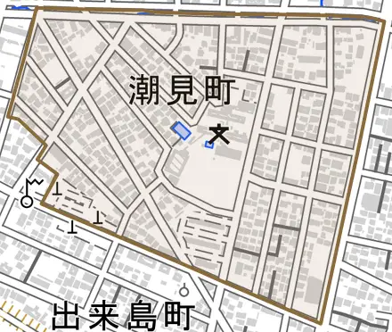 潮見町とその周辺の地図。町の範囲を重ねている