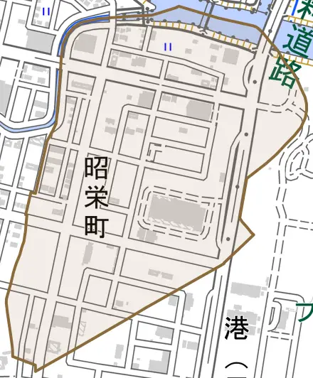 昭栄町とその周辺の地図。町の範囲を重ねている