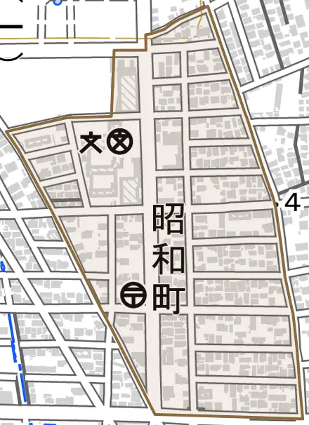 昭和町とその周辺の地図。町の範囲を重ねている