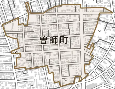 曽師町とその周辺の地図。町の範囲を重ねている