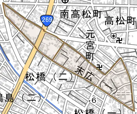 末広とその周辺の地図。町の範囲を重ねている