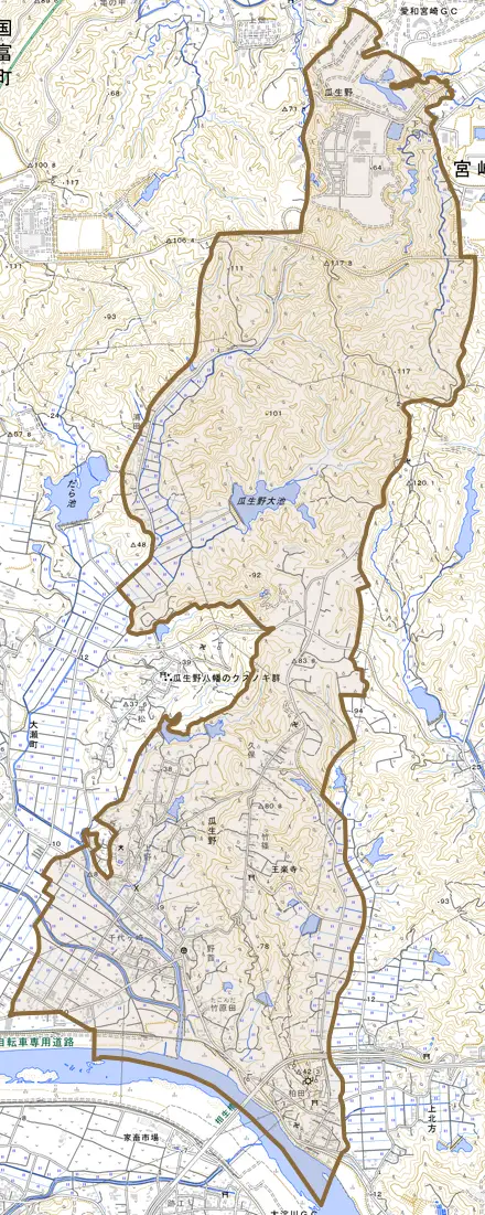 大字瓜生野とその周辺の地図。町の範囲を重ねている