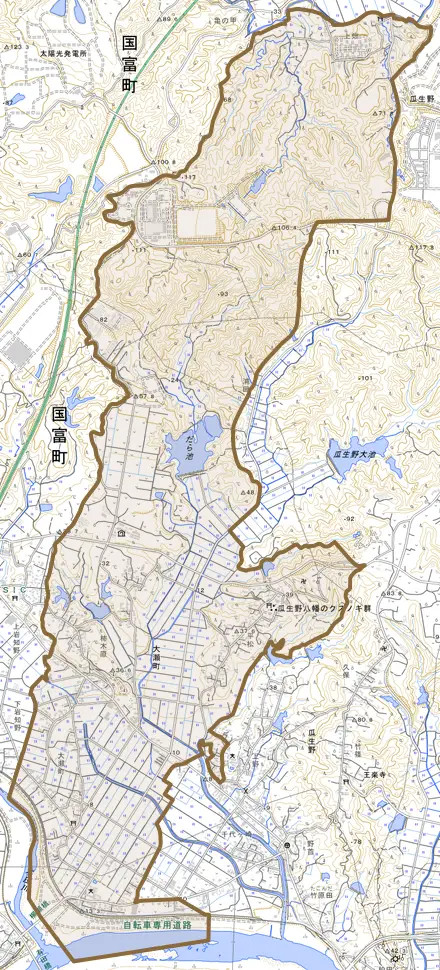 大字大瀬町とその周辺の地図。町の範囲を重ねている